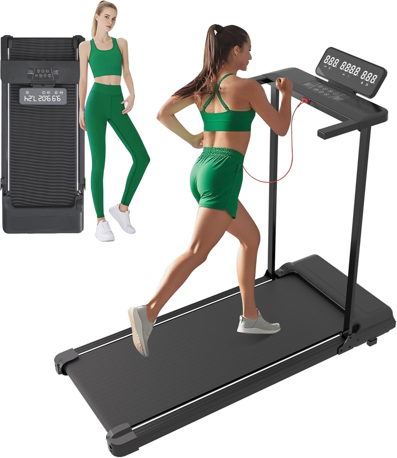 HevGlrm folding treadmill with handles shown in compact home office setting